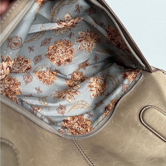 Hobo Leather Shoulder Tote Bag Brown Taupe Two Exterior Pockets Floral Lining - Picture 10 of 11